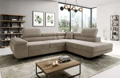 Produktbild von Easy4You Ecksofa Beige Astorp Kord L-Form – 277 cm - Schlafsofa mit Bettkasten und Schlaffunktion - Eckcouch mit Stauraum und Metallfüße – Rechts – Stoff Kord Poso 02