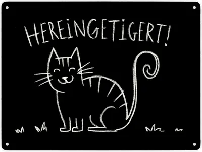 Produktbild von Hereingetigert! Metallschild XXL in 28x38 cm mit lächelnder Katze