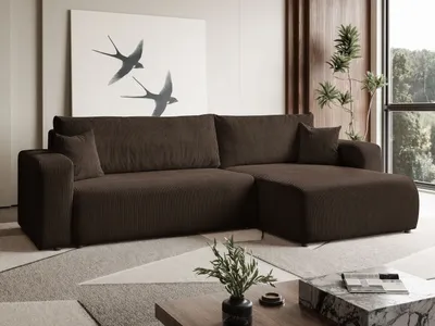 Image de MargaretHadas24 Canapé d'angle en L Sofia 277 x 143 cm avec fonction sommeil et coffre de lit Canapé-lit en velours côtelé Canapé-lit côté universel, marron