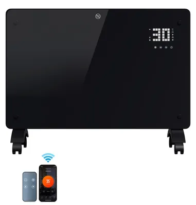 Obrázek produktu pro Vigevee Skleněný konvektorový ohřívač, 2000W, černý, s Wi-Fi (Tuya Smart), dálkovým ovládáním, termostatem (5–50 °C), možnost montáže na zeď nebo na kolečka, stupeň krytí IP24