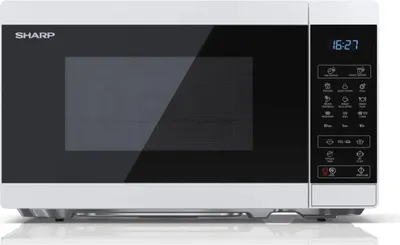 A white Sharp microwave with a black door and control panel is shown against a white background.