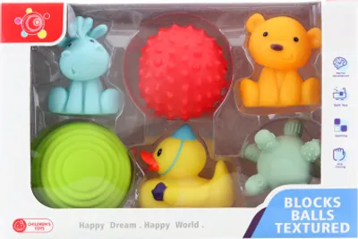 Produktbild von Babyspielzeug 6-teiliges Gummi-Set für Babys, ca. 8 cm, mit Tier- und Formmotiven