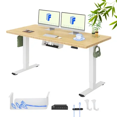 Produktbild von FLEXISPOT Höhenverstellbarer Schreibtisch 160x80cm, Bambus-Tischplatte, 2 starke Motoren, 120 kg Tragkraft, 4 Speicherplätze, Premium-Zubehör-Set Weiß