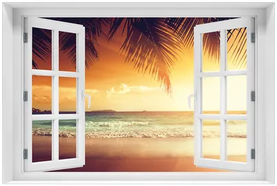 Produktbild von Wallario Premium Glasbild mit Fensterrahmen, freischwebende Optik, kräftige Farben, Größe 60 x 90 cm Motiv Sonnenuntergang am Strand in der Karibik