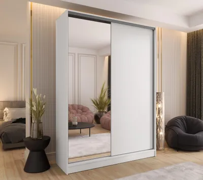 Produktbild von Schwebetürenschrank 2-türig 150x250x58 cm Weiß mit Spiegel – Moderner Kleiderschrank für Schlafzimmer und Flur