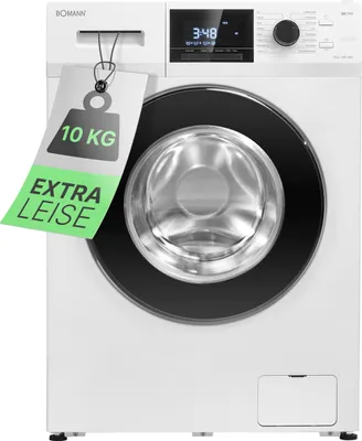 A white Bomann washing machine with a black door and control panel, featuring a tag with product information.