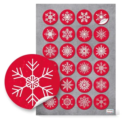 Produktbild von 24 kleine runde rot weiß SCHNEEFLOCKEN Weihnachtsaufkleber Aufkleber 4 cm - Geschenkaufkleber selbstklebend Sticker Weihnachten zur Verpackung von Geschenke give-away Papiertüten Tüten zukleben