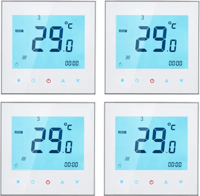 Four identical digital thermostats are displayed in a grid.