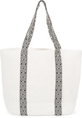 Produktbild von styleBREAKER Papierstroh Strandtasche mit Azteken Muster Bändern | Damen Flechttasche mit Reißverschluss | 50 x 37 x 13 cm