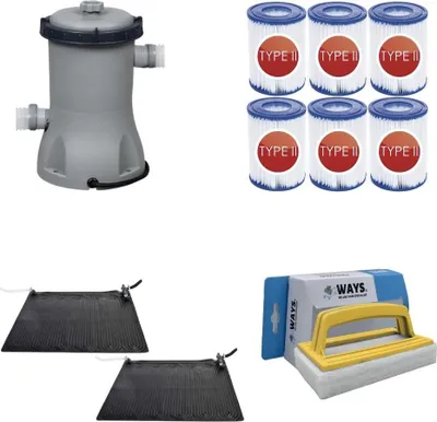 Produktbild von WAYS - Poolpflege - 2x Solarmat & Filterpumpe 2006 L/h & 6 Filter Typ II & WAYS Scheuerbürste
