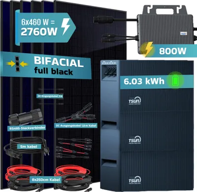 Produktbild von SUNNIVA® 2760W Balkonkraftwerk mit 6,03 kWh Speicher TSUN SOLARCANTSOL-DCU2000Lite, 6x 500W BIFAZIAL FULLBLACK komplett Steckdose, Solarspeicher