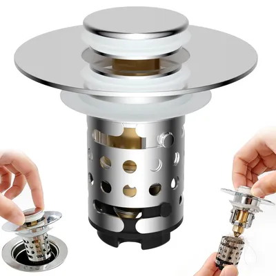 Produktbild von 3-in-1-Spülbeckenstöpsel mit Pop-up-Funktion, Abflussstopfen mit herausnehmbarem Haarsieb aus Edelstahl, universelles Abflusssieb für Spülbeckenlöcher von 25–46 mm, Messingkern, Chrom