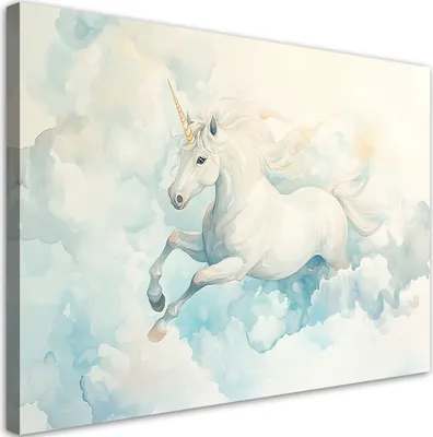 Produktbild von Leinwandbild für Kinderzimmer Einhorn in blauen Wolken 100x70 Feeby Blau bild für die wand bereit zum aufhängen