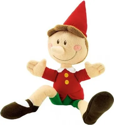 A plush toy of a character with a red hat and red shirt.