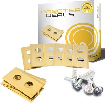 A product shot featuring packaging, replacement blades, and screws for a robotic lawnmower.