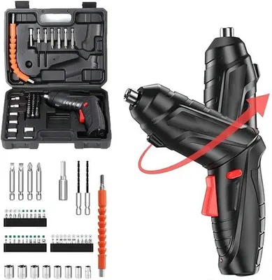 Image de Tournevis/perceuse sans fil 48-en-1 avec tête rotative, éclairage LED et batterie rechargeable USB de 1800 mAh
