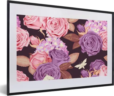 Produktbild von MuchoWow® Gerahmtes Poster Blumen - Schmetterlinge - Lila - Rosa 60x40 cm - Poster mit Schwarzem Bilderrahmen Wandposter Rahmen Foto Bilder - Schlafzimmer - Plakat in Rahmen - Drucken