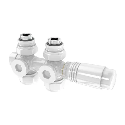 Image de Heilmetz Set multibloc pour radiateur Robinetterie de raccordement avec thermostat 50mm Accessoires de chauffage Forme équerre et traversante Blanc Raccord mural