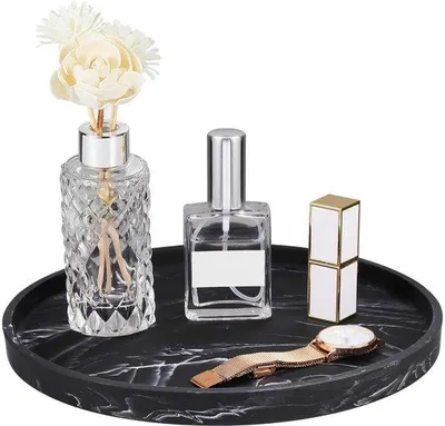 Image de Table de maquillage en silicone, 27 cm, noire, imitation marbre, compacte, élégante.