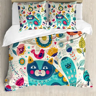 Produktbild von ABAKUHAUS Katze Bettbezug Set, Katze-Figur mit Vögeln Blumen-Blatt-Baum-Schmetterlings-Frühlings-aufwändigen Illustration, 200 x 200 cm + 80 x 80 cm, Mehrfarbig