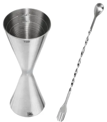 Produktbild von Barmaß Jigger Messbecher Cocktail 30ml/60ml Edelstahl Silber mit Mischlöffel 26cm