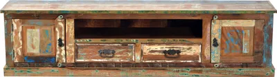 A lowboard with two doors, two drawers, and one open compartment, made of painted reclaimed wood.