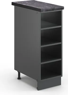 A dark gray kitchen cabinet with open shelves and a speckled countertop, shown from a three-quarter angle against a white background.