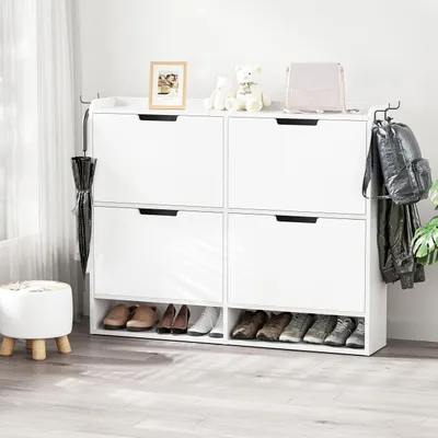 Image de Armoire à chaussures - Rangement à chaussures - Boîte de rangement pour chaussures - Meuble de rangement - Meuble d'entrée - Bois - Blanc - 4 tiroirs rabattables