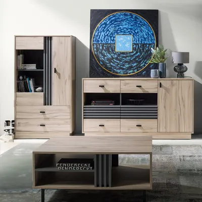 Produktbild von Wohnzimmermöbel-Set mit Sideboard, Vitrine & Couchtisch in Eiche Nb., modern 3-teilig ANTIGUA-133