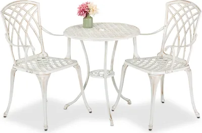 Image de Ensemble de mobilier de jardin Relaxdays, 3 pièces, table et 2 chaises, fonte d'aluminium, mobilier de balcon au design antique, salon de jardin, blanc/bronze