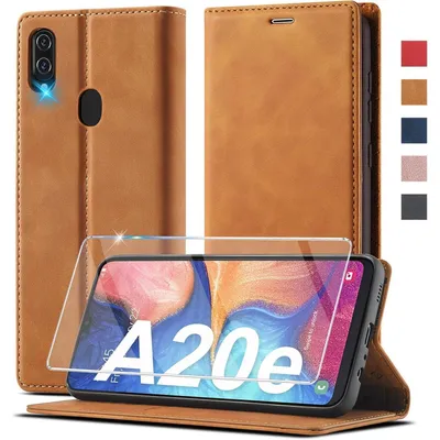 Produktbild von Handyhülle Klappbar Leder für Samsung Galaxy A20e mit Schutzfolie Braun