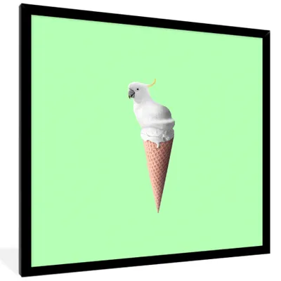 Produktbild von MuchoWow® Gerahmtes Poster Papagei - Eistüten - Eiscreme - Weiß - Grün 40x40 cm - Poster mit Schwarzem Bilderrahmen Wandposter Rahmen Foto Bilder - Mit Rahmen - Wanddekoration Schlafzimmer