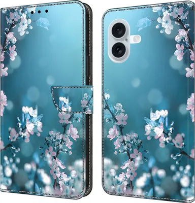 Produktbild von CLM-Tech Handyhülle kompatibel mit iPhone 16 Plus Hülle - Tasche aus Kunstleder - Klapphülle mit Ständer und Kartenfächern - Schutzhülle Wallet Case Cover Pflaumenblüte blau