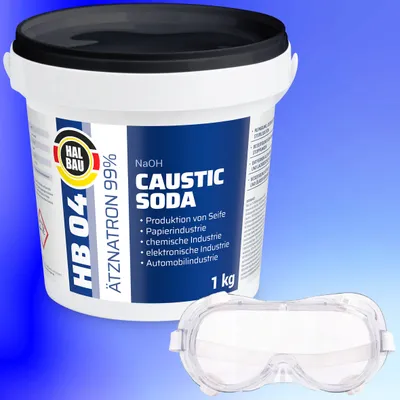 Produktbild von Rohrreiniger Ätzsoda Ölfarbentferner 1kg Eimer kaustisches Soda Natronlauge + Schutzbrille Arbeitskomfort Set HB04
