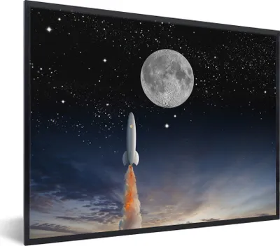 Produktbild von MuchoWow® Gerahmtes Poster Eine Illustration des Space Shuttles und des Vollmonds 80x60 cm - Poster mit Schwarzem Bilderrahmen Wandposter Rahmen Foto Bilder - Schwarzem - Mit Gestell
