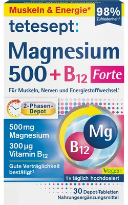 Produktbild von Tetesept Magnesium 500 + B12 Forte Depot-Tabletten für Muskeln, Nerven und Energiestoffwechsel, 30 St. Tabletten