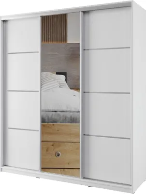 Obrázek produktu pro Šatní skříň NEJBY BARNABA 180 cm s posuvnými dveřmi, zrcadlem, 4 šuplíky a 2 šatními tyčemi, bílá