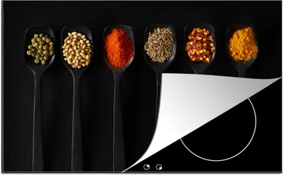 Produktbild von KitchenYeah© Herdabdeckplatte Löffel - Gewürze - Schwarz - Gewürze - Rustikal , 81x52cm, Küche Deko, Glaskeramikkochfeld Herdabdeckung, Abdeckplatte fùr Kochfeld