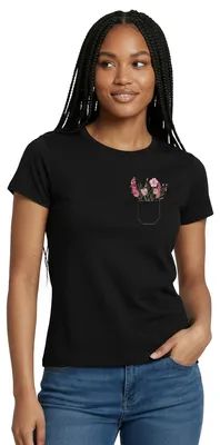 Produktbild von Spreadshirt Blumen Brusttasche Frauen T-Shirt, S, Schwarz