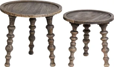 Produktbild von BELIANI Beistelltisch 2er Set Dunkelbraun Mangoholz Rund mit Gedrechselten Beinen Modernes Design Sofatisch Salontisch