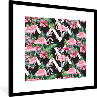 Produktbild von MuchoWow® MuchoWow® Gerahmtes Poster Flamingo - Blumen - Blätter - Muster 40x40 cm - Poster mit zchwarzem Bilderrahmen - Poster - Plakat im Rahmen