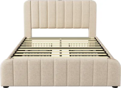 Produktbild von Polsterbett 160x200cm Doppelbett (Ohne Matratze) Jugendbett Mit USB Typ-C Ladefunktion und 4 Schubladen Goldenen Zierstreifen Beige Leinen