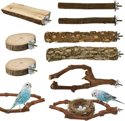 Imagen del producto de Juego de 9 piezas para jaulas de pájaros, hecho de maderas naturales, con diferentes tipos de perchas, ideal para loros