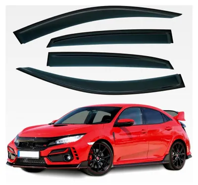 Produktbild von Set mit 4 aufklebbaren Windabweisern, passend für Honda Civic Schrägheck Typ R 2017-2021, Modern, Dunkel getönt, Selbstklebend