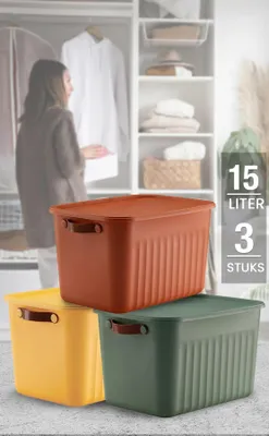 Produktbild von Tobeyz – Aufbewahrungsdose–Aufbewahrungskorb–3 Stück–15L BPA-freie Kunststoff-Aufbewahrungsbox mit Deckel–ineinander nestbar und stapelbar–3Farben