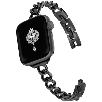 Produktbild von FFO2World schmales Metallarmband für Apple Watch 42–49 mm/SE/Serie 1–11/Ultra – elegantes Denim-Kettendesign – Schwarz