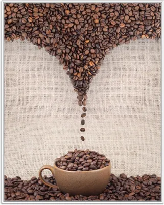 Produktbild von Wallario Wandbild Tasse mit Kaffeebohnen - Kaffeedesign, Größe: 40,30 x 50,30 cm, Poster mit weißem Aluminiumrahmen