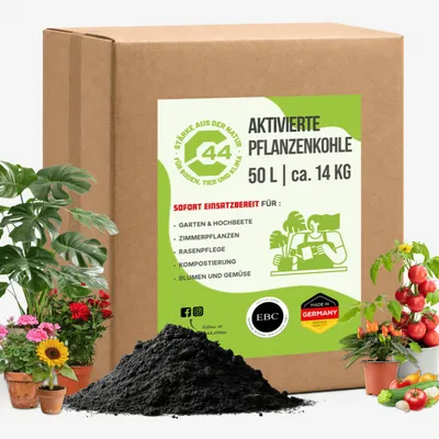 Produktbild von Pflanzenkohle für Garten & Hochbeet - 50L | EBC-e Körnung 0-8mm | Biochar Bodenverbesserer für Terra Preta, Tomaten, Rosen | C44-Zittau