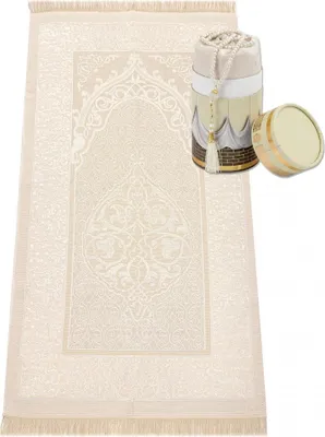 Produktbild von Teppich Gebetsteppich creme Taftstoff mit Geschenkbox und Gebetskette – leicht edel 65 x 110 cm Größe - 65 x 110 cm
