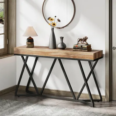 Obrázek produktu pro Konzolový stolek – stolek do předsíně – rozměry 140 × 30 × 90,5 cm – obdélníkový – dřevěná deska – kovová konstrukce – s odkládací plochou – béžový